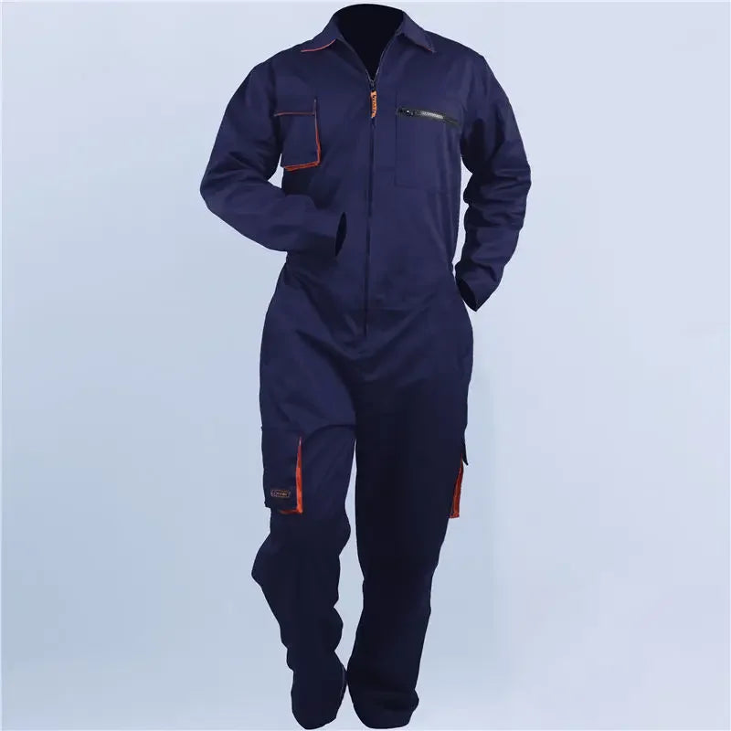 Navy blue cotton blend work coveralls with a zip front, collar, and orange-trimmed utility pockets.