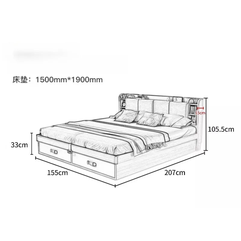 Line drawing of a modern leather upholstered bed with integrated shelving, headboard, and storage drawers.