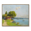 Framed wall art meter cover featuring an impressionist landscape of a house by a river in soft green and blue tones.