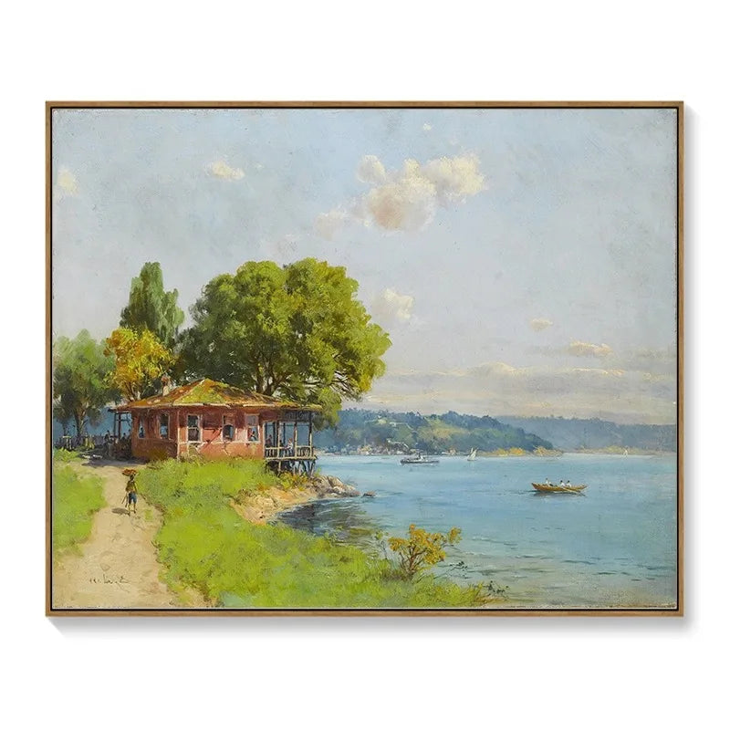 Framed wall art meter cover featuring an impressionist landscape of a house by a river in soft green and blue tones.