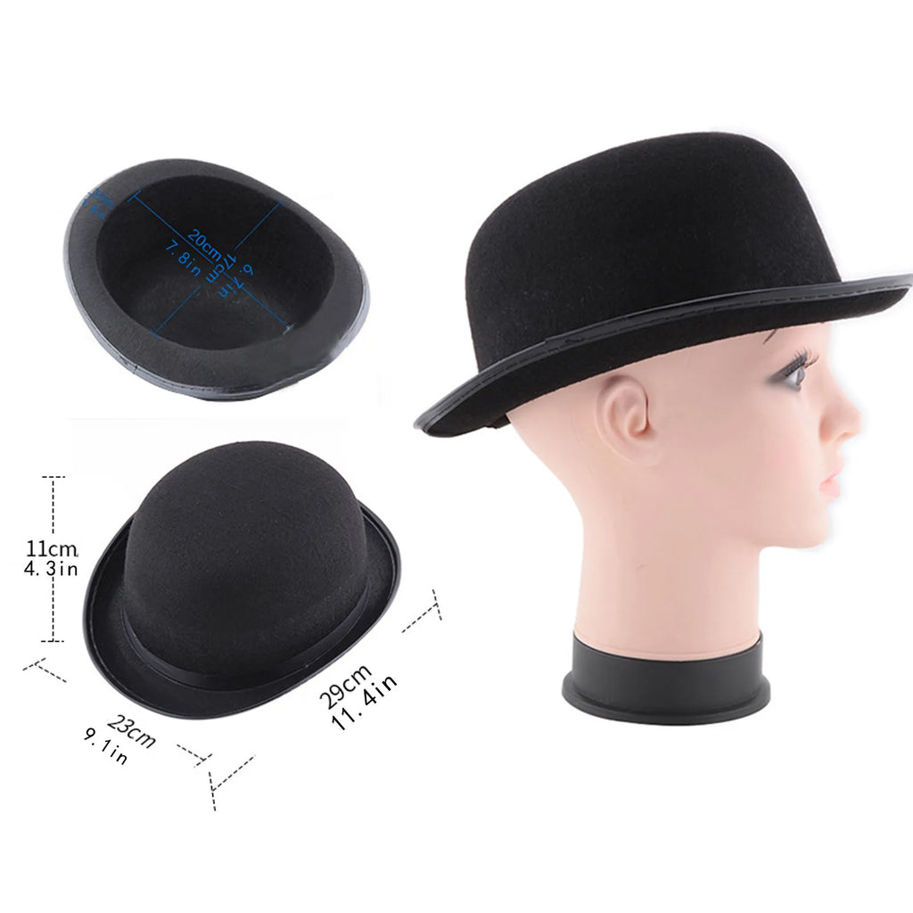 Classic black bowler hat shown from multiple angles on a mannequin head, with labelled measurements in centimetres/inches.
