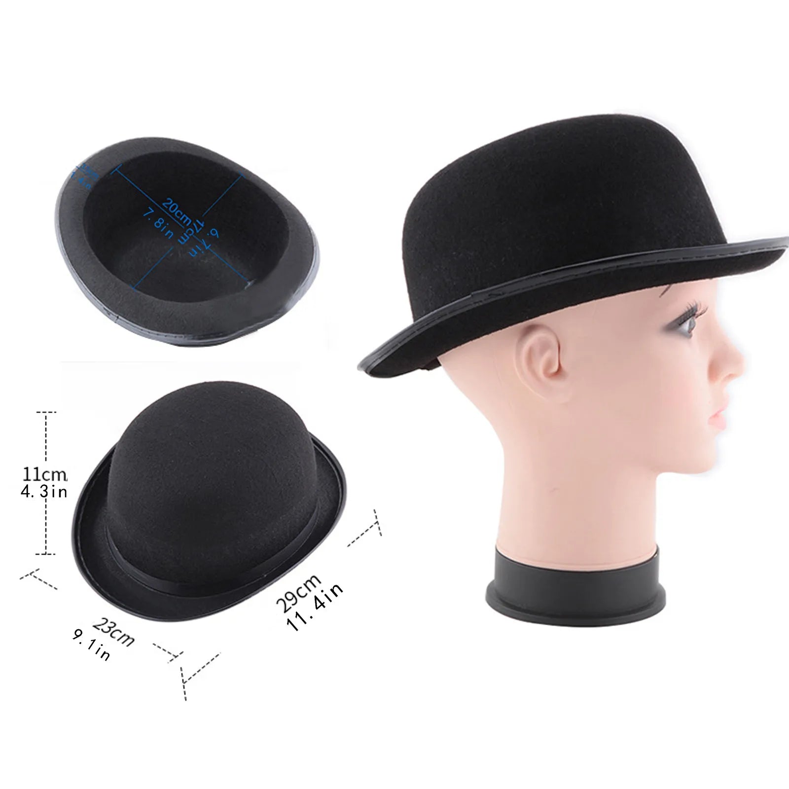 Classic black bowler hat shown from multiple angles on a mannequin head, with labelled measurements in centimetres/inches.