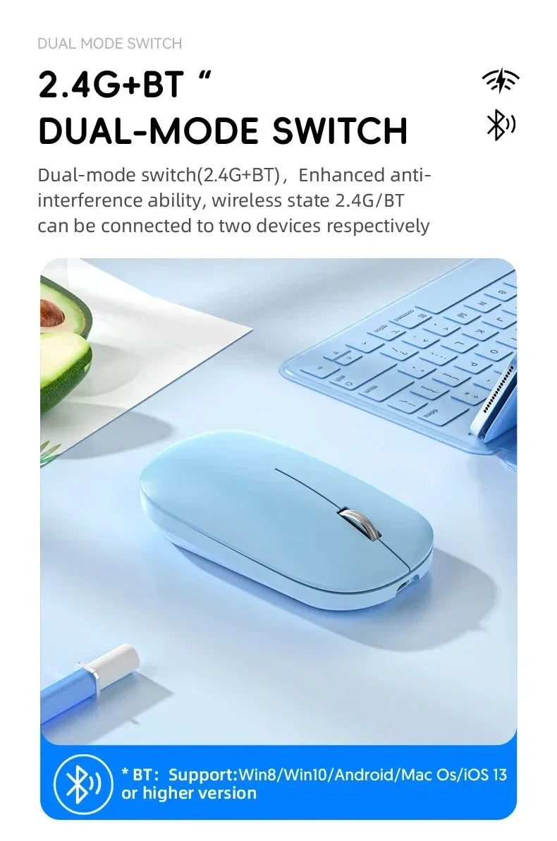 A slim, pastel blue wireless mouse with a silver scroll wheel, designed for dual-mode Bluetooth and 2.4G connectivity.