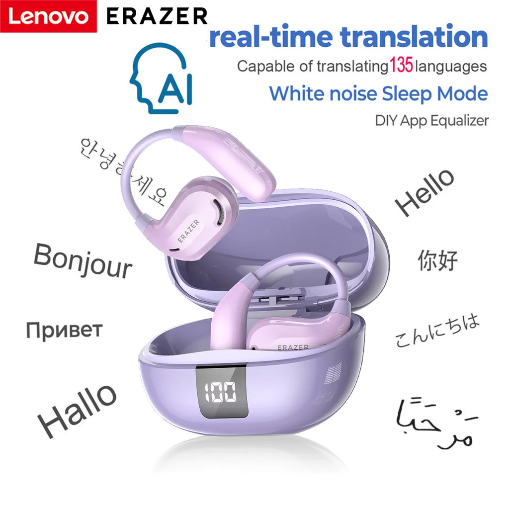 Light purple open-ear wireless headphones with a matching charging case featuring a digital battery display.