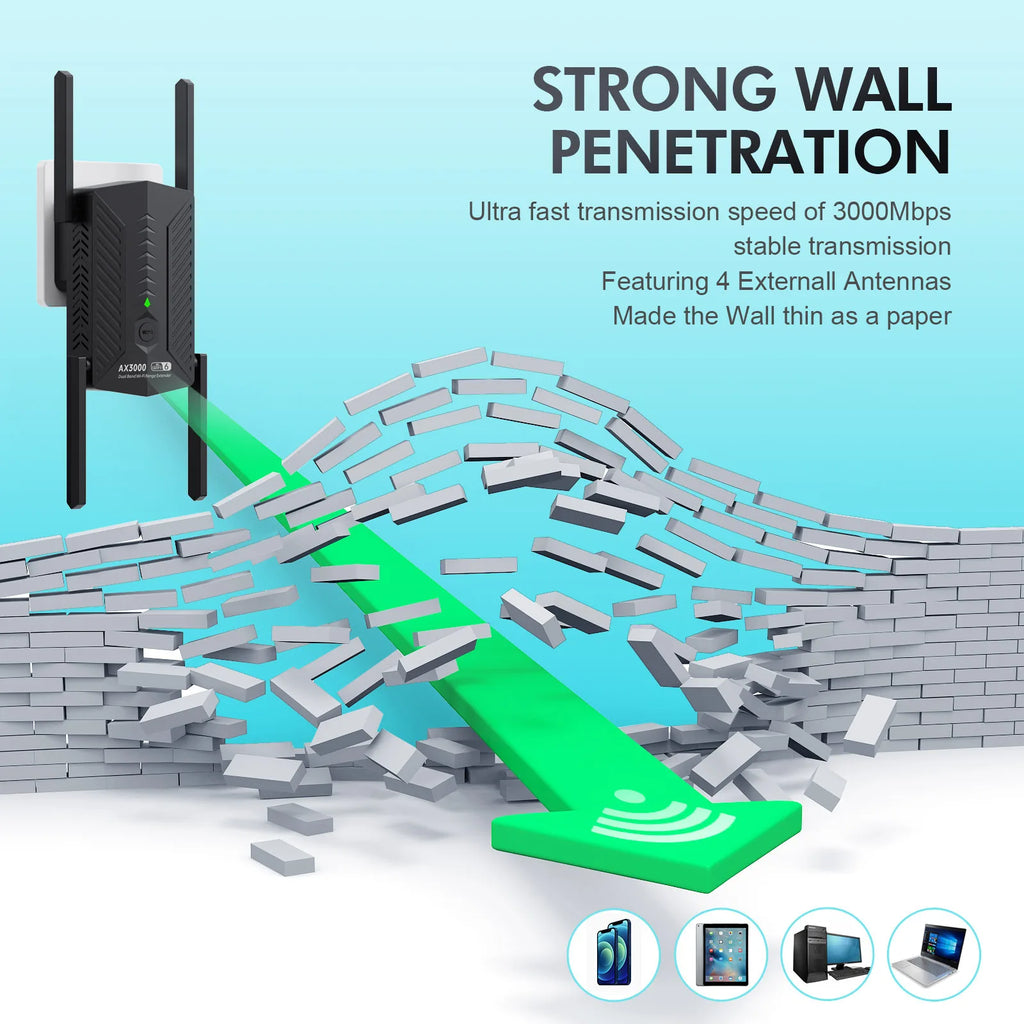 Black WiFi 6 range extender with four antennas plugging into a wall, showing a signal passing through a brick wall.