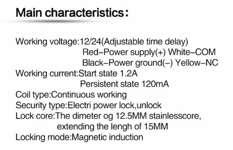 Technical specifications for an electric door lock with a 12.5mm stainless steel core and magnetic induction locking.