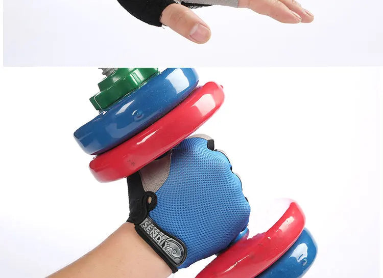 Hand wearing a blue and black fingerless gym glove, gripping a multi-coloured red, blue, and green dumbbell.