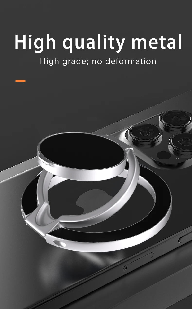 Silver metal ring phone holder attached to the back of a smartphone, featuring a sleek, circular, foldable design.