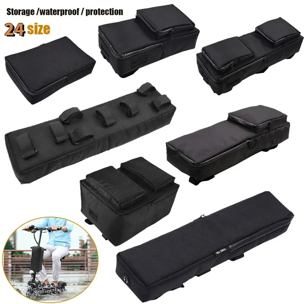 Multiple black waterproof electric bike battery storage bags and enclosures shown in various shapes and sizes.