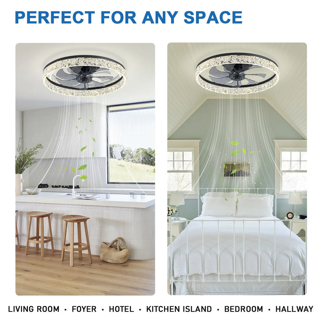 Modern 18.9in round LED ceiling fan with a black frame and decorative crystal trim, shown in kitchen and bedroom settings.