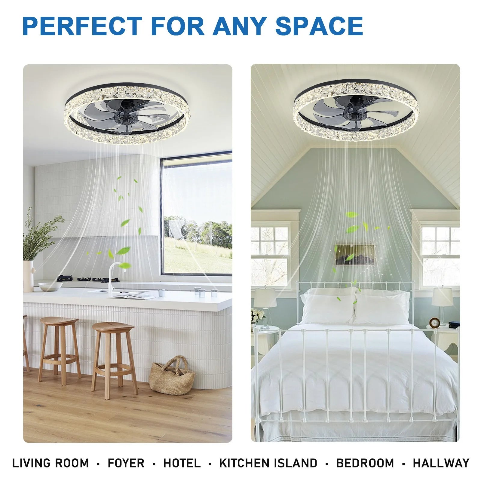 Modern 18.9in round LED ceiling fan with a black frame and decorative crystal trim, shown in kitchen and bedroom settings.