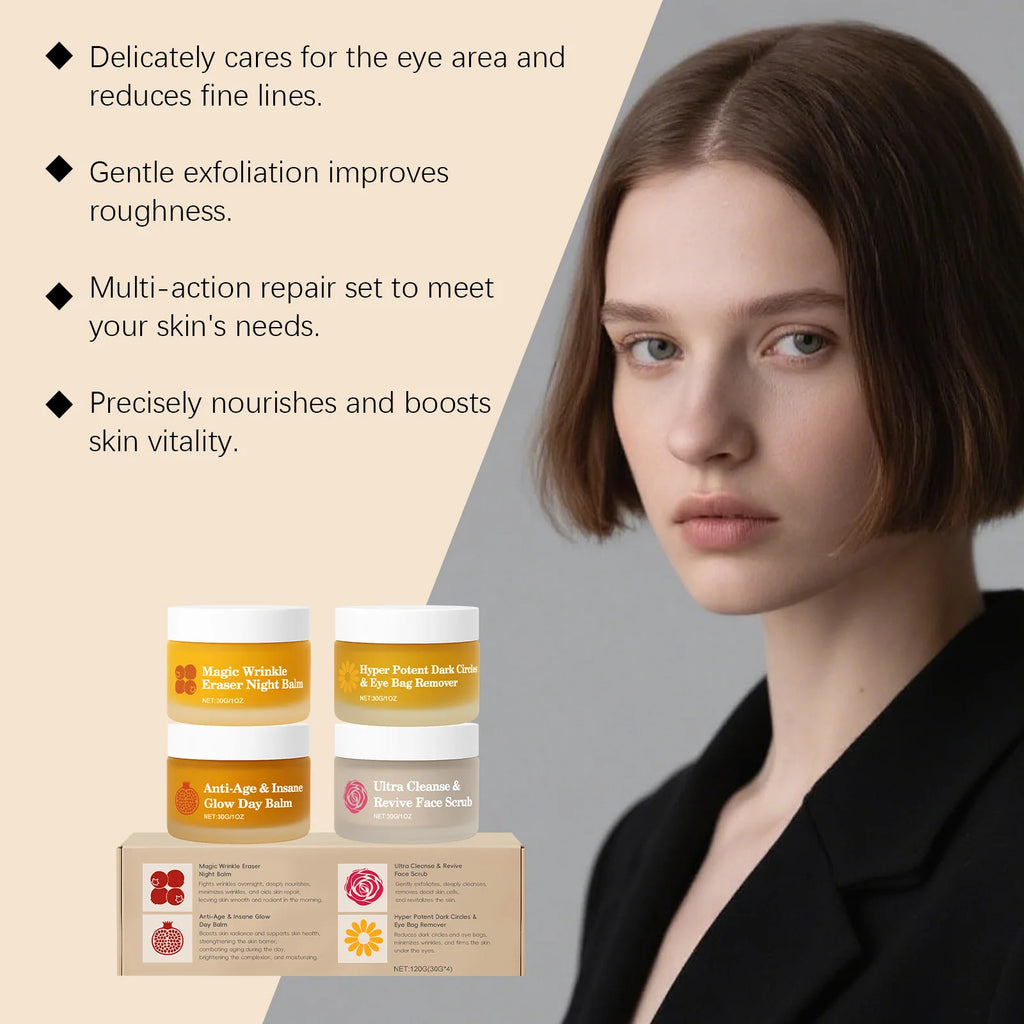 Four-piece skincare set with jars for night balm, eye treatment, day balm, and face scrub next to a young woman.