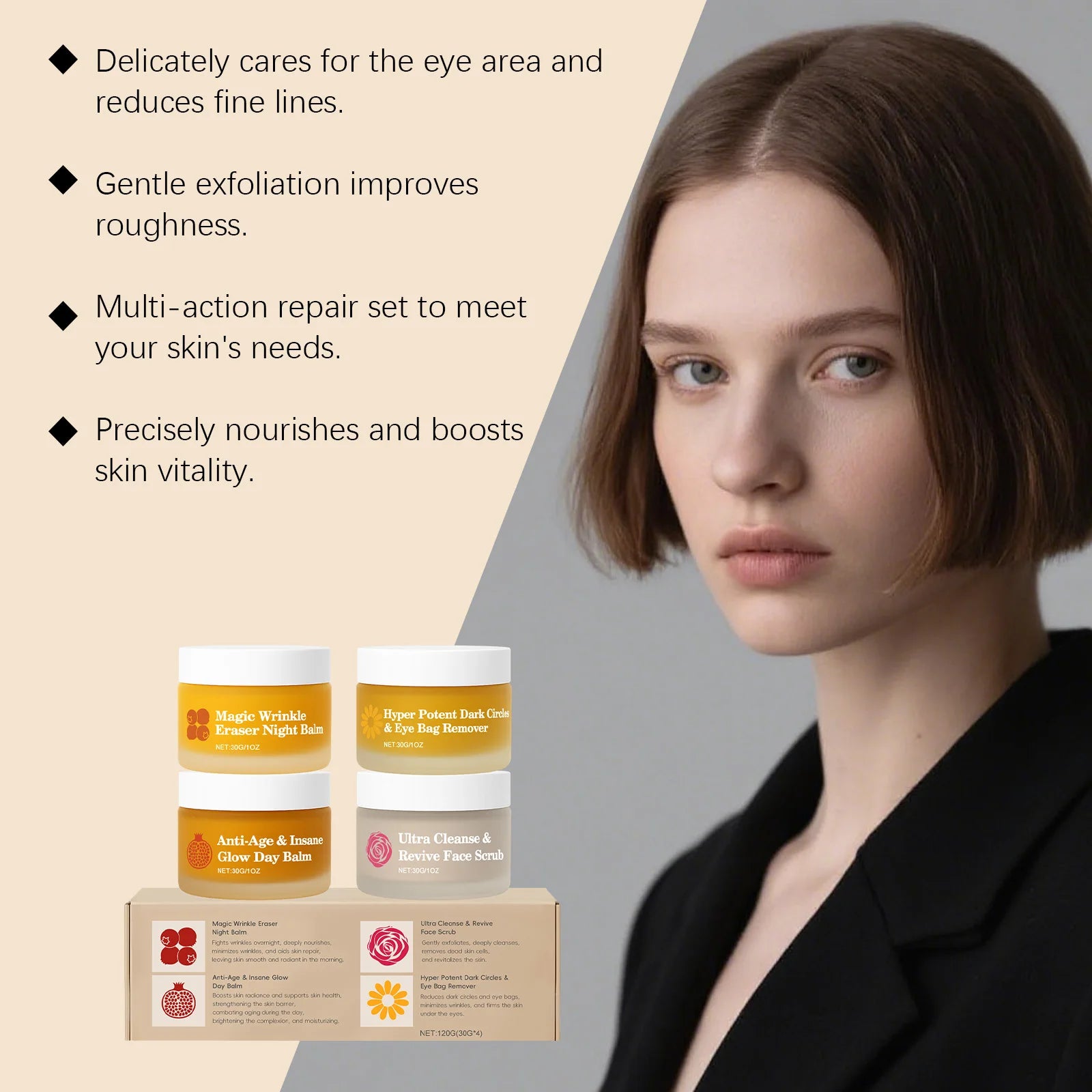 Four-piece skincare set with jars for night balm, eye treatment, day balm, and face scrub next to a young woman.