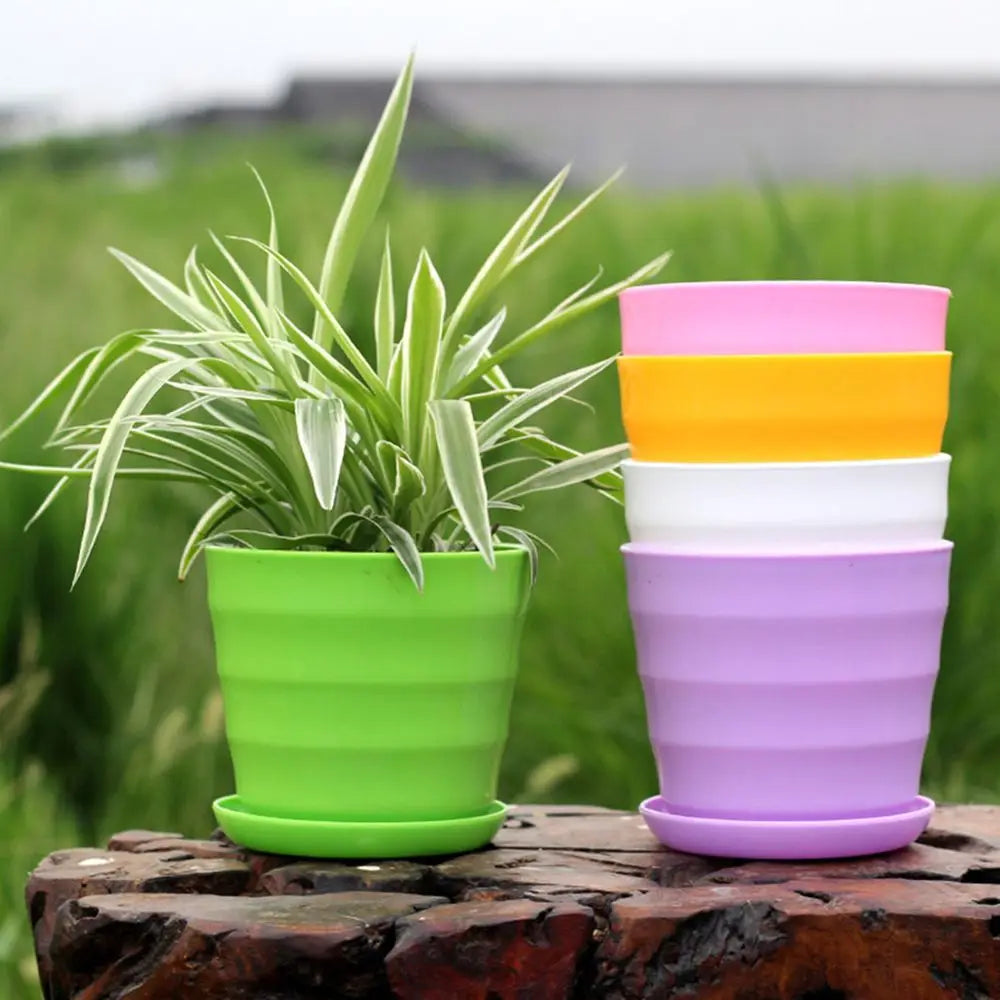 A green plant in a ribbed green pot next to a stack of pink, yellow, white, and purple plastic pots on a tree stump.