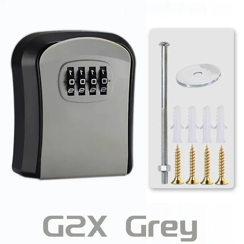 Grey and black metal wall-mounted key lock box with 4-digit combination dial and included mounting hardware.