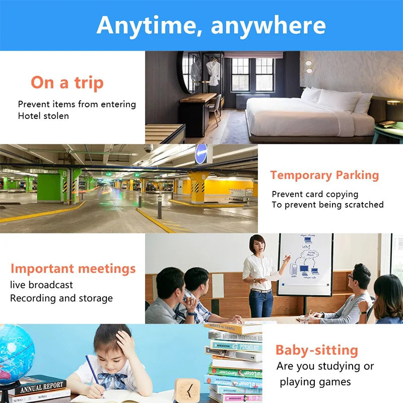Collage showing a small white security camera used for hotel, parking, meeting, and baby monitoring scenarios.