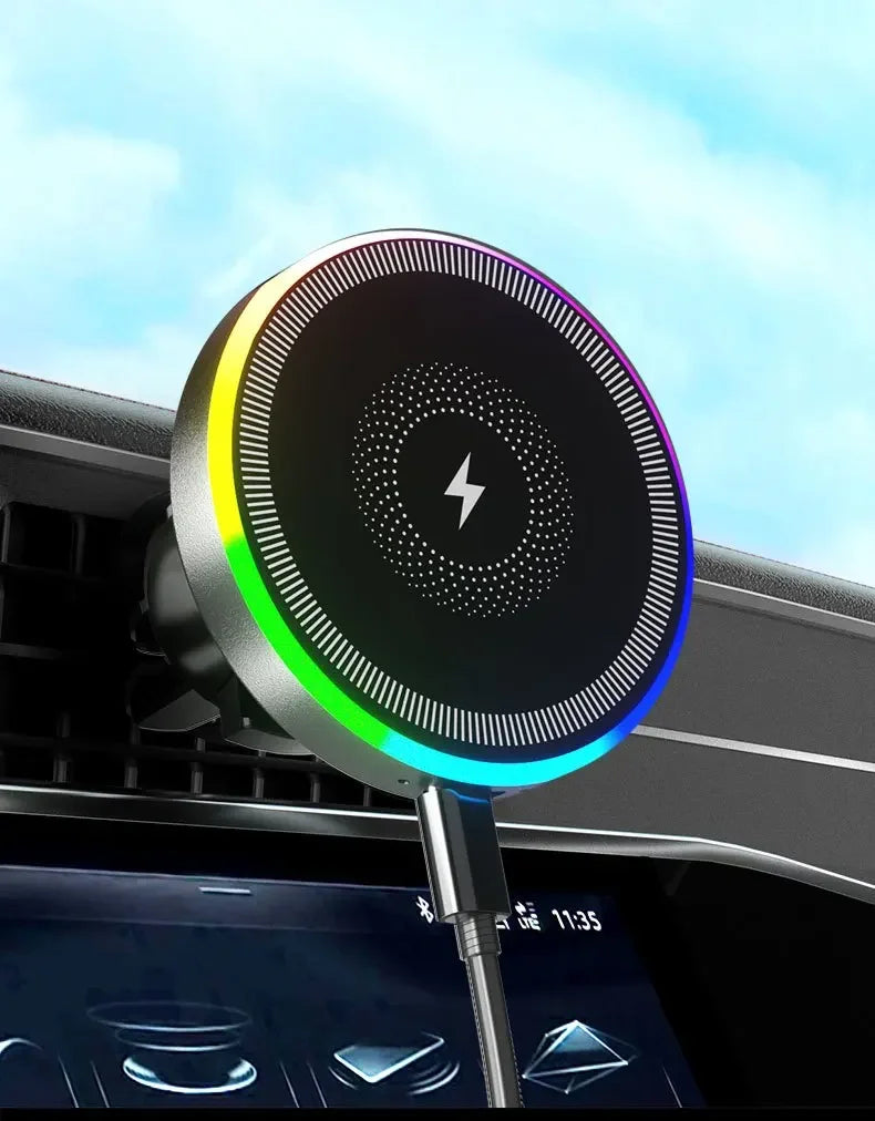 Circular car vent wireless charger with a black surface, charging icon, and vibrant RGB rainbow LED edge lighting.