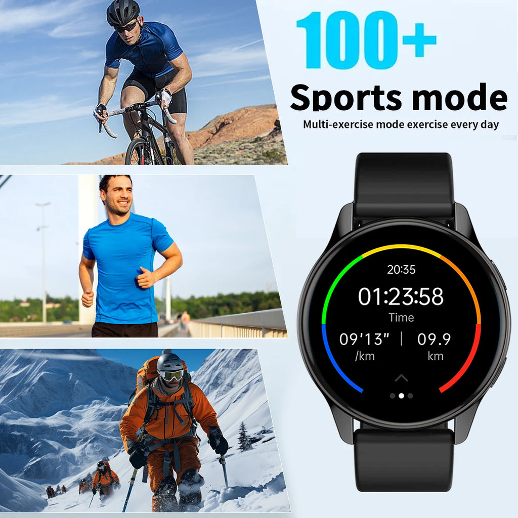 Black smartwatch with a circular touchscreen display showing fitness metrics, set against images of active sports.