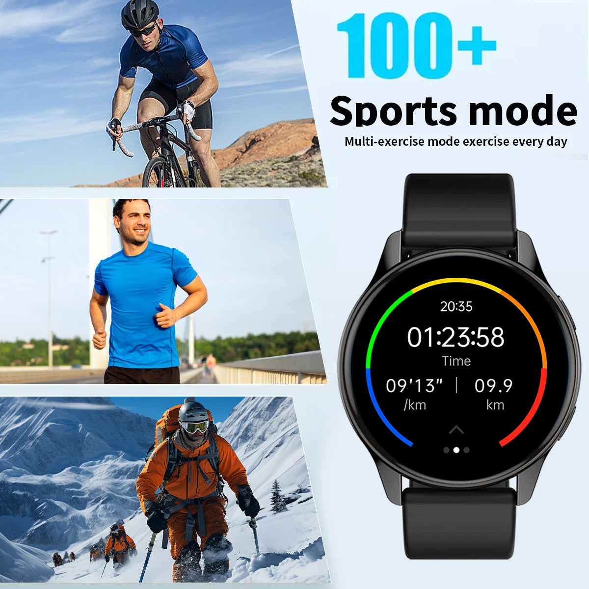 Black smartwatch with a circular touchscreen display showing fitness metrics, set against images of active sports.