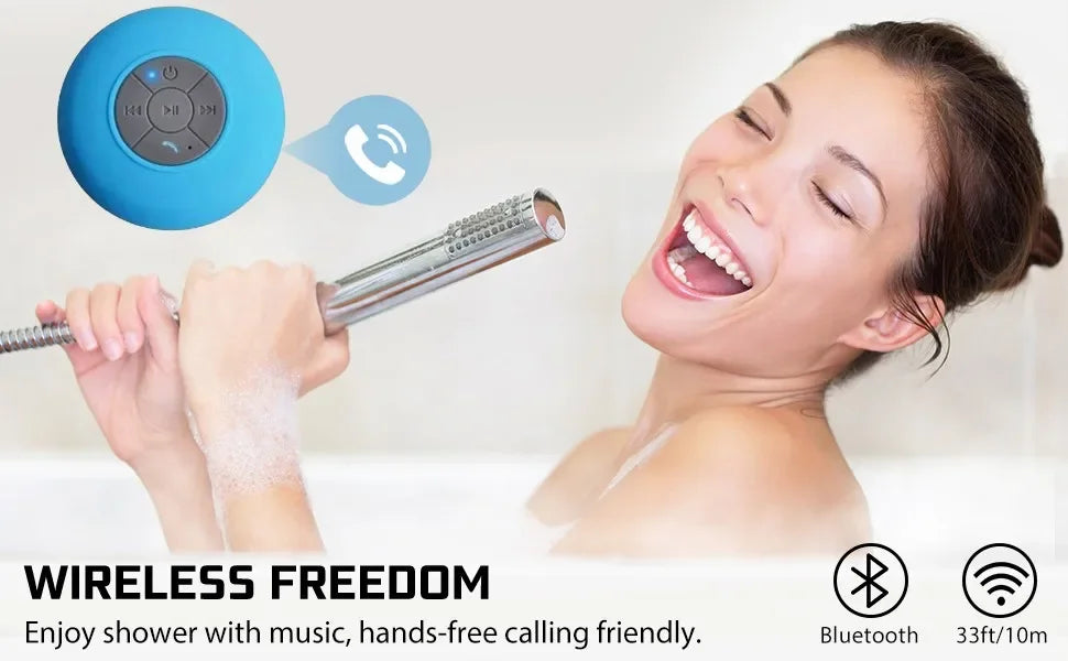 A blue, circular waterproof Bluetooth shower speaker with integrated controls for hands-free calling.