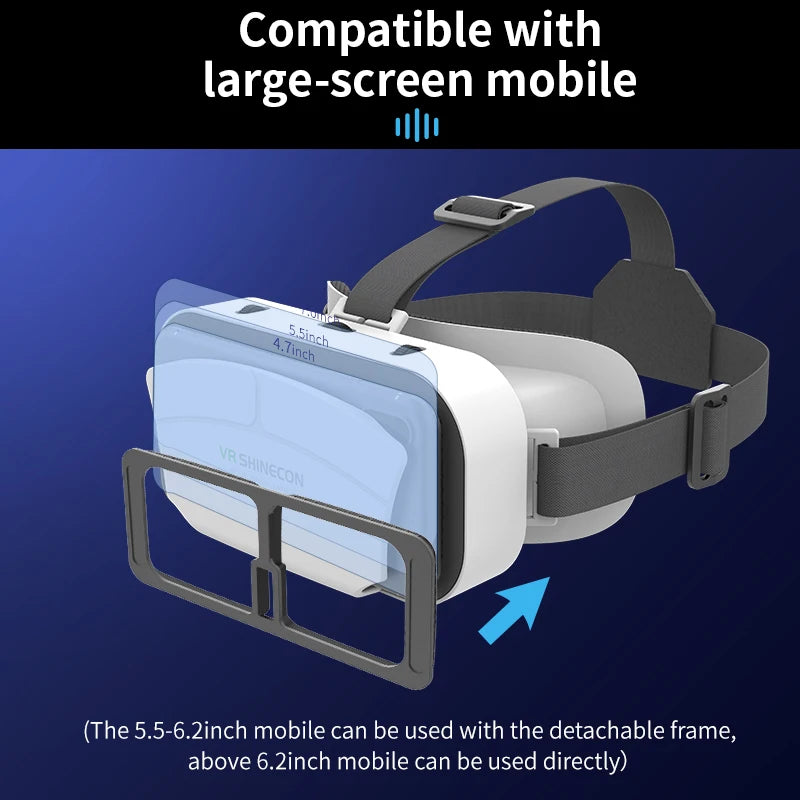 White smartphone VR headset with adjustable grey head straps and a detachable frame for different phone sizes.