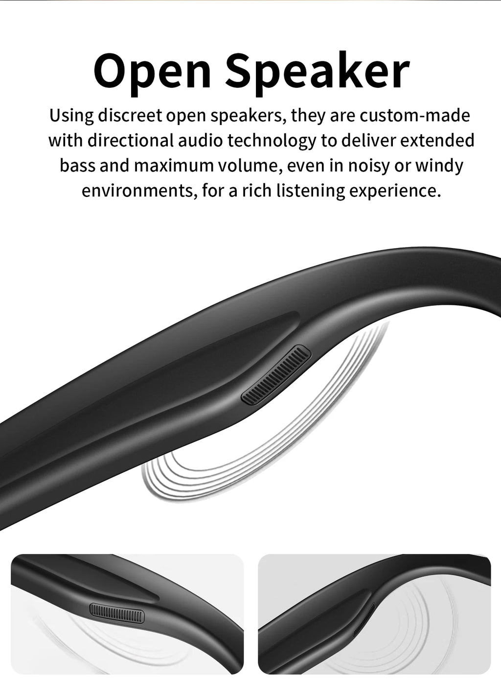 Close-up of sleek black smart glasses featuring discreet open speakers with directional audio for clear sound.