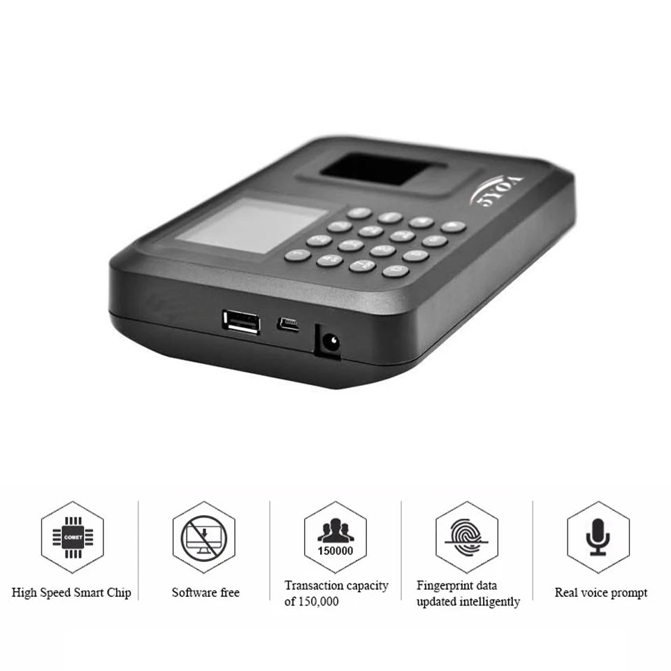 Black plastic fingerprint time attendance machine with keypad, digital display, and USB, power, and data ports.