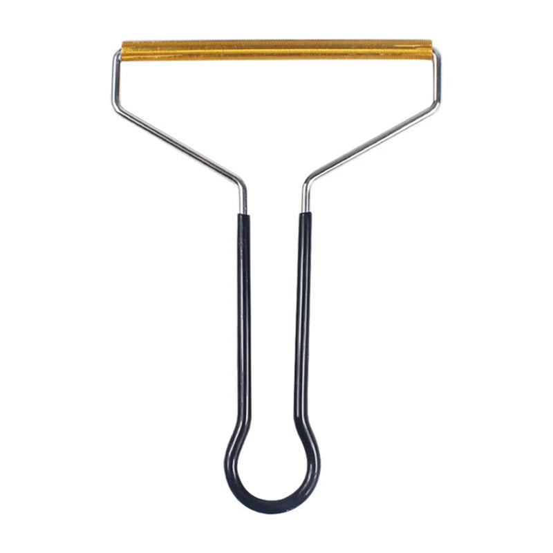 Metal fabric lint remover with a gold-toned blade, silver frame, and black looped handle on a white background.
