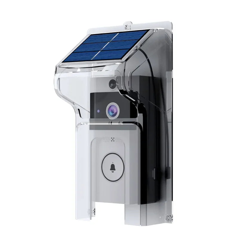 Black and white wireless video doorbell with a clear, protective weatherproof rain cover and integrated solar panel.