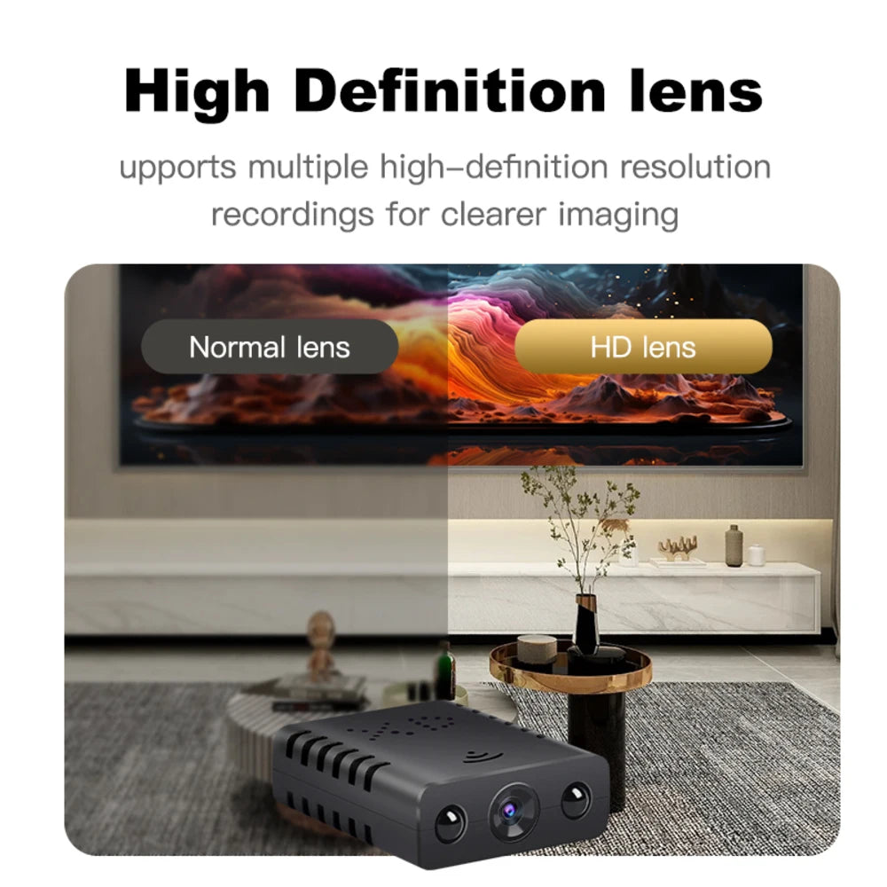 Black plastic security camera with three lenses showing a comparison between normal and high-definition resolution.