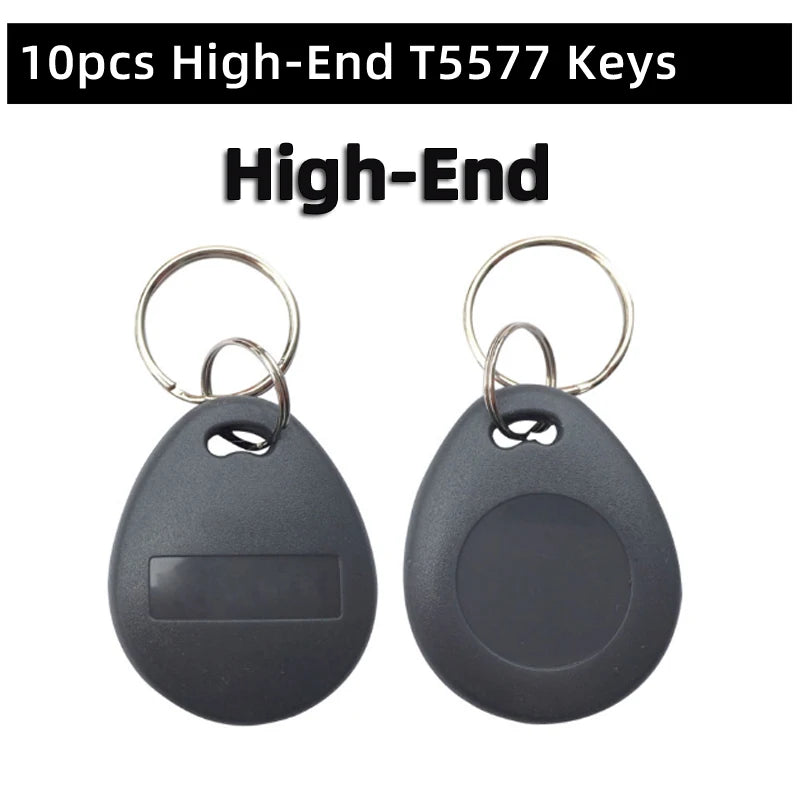 Ten grey plastic T5577 RFID key fob tags with metal key rings showing front and back views.
