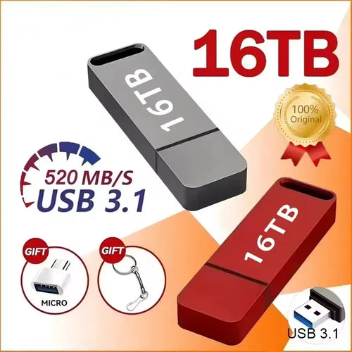 Grey and red 16TB USB 3.1 flash drives, featuring a sleek design and included micro-USB adapter and keyring.