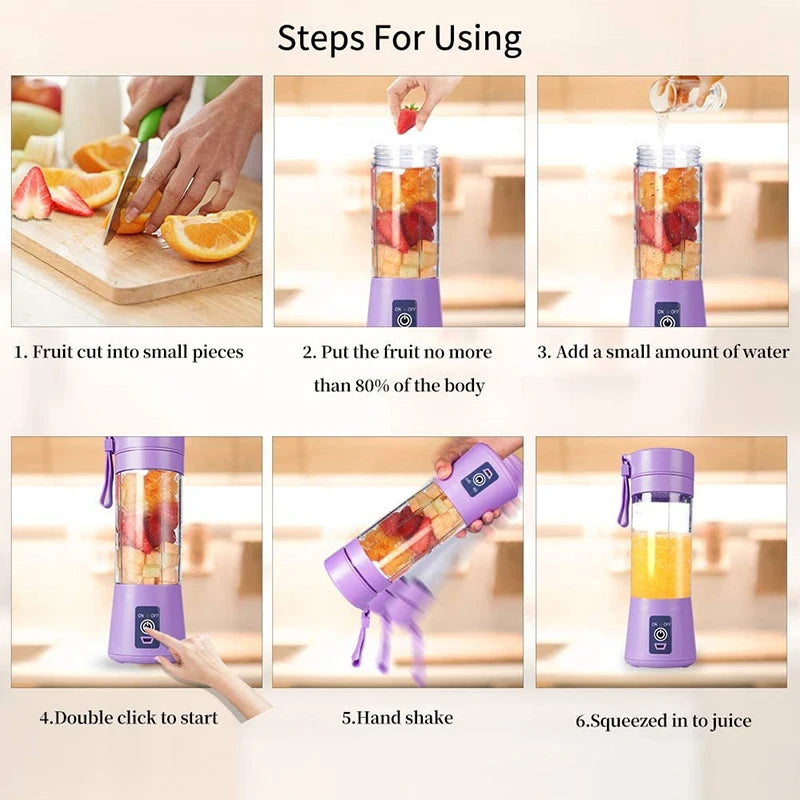 A six-step instructional guide for using a portable, purple electric fruit blender with a clear, cylindrical cup.