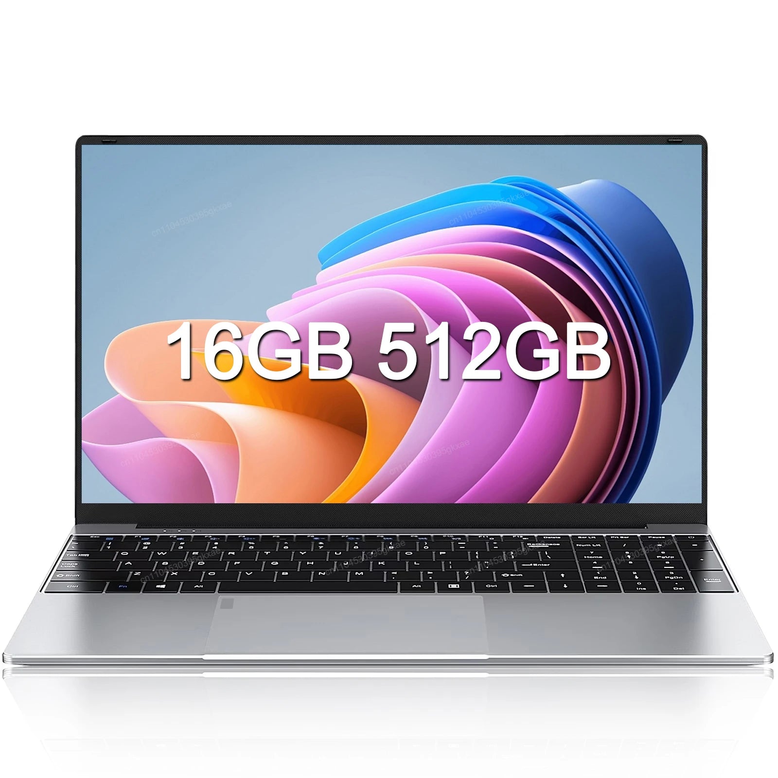 Slim silver 15.6-inch laptop with a modern, thin-bezel display, black keyboard, and large integrated trackpad.