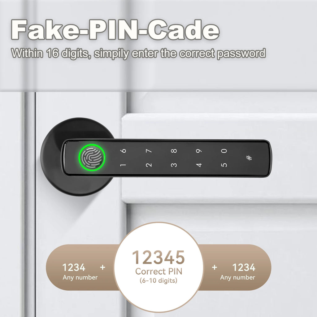 Black smart door handle with integrated touchscreen keypad and fingerprint scanner mounted on a white door.