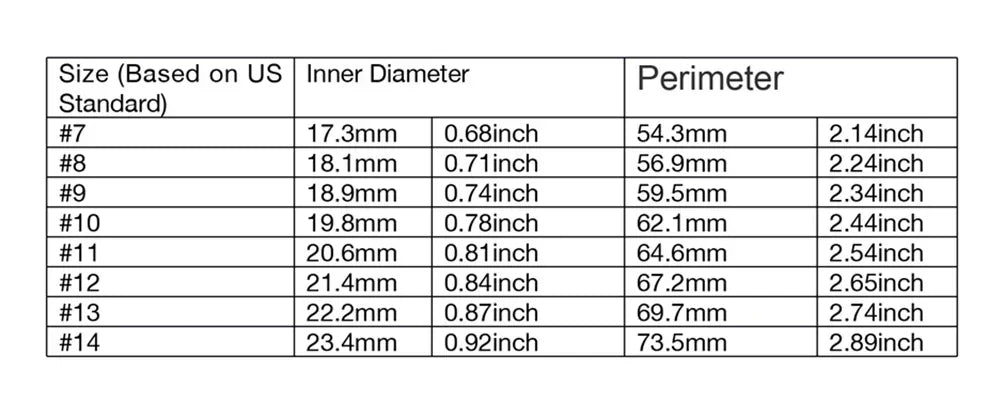 Sizing guide table for NFC smart ring, showing US sizes 7 to 14 with corresponding inner diameters and perimeters.