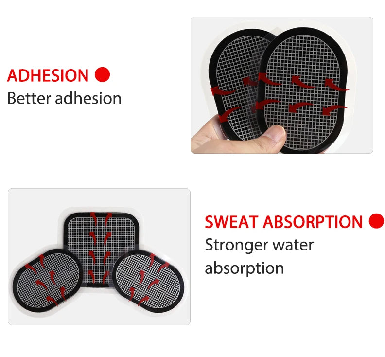 Black replacement gel pads for muscle stimulators, featuring a grid pattern for improved adhesion and sweat absorption.