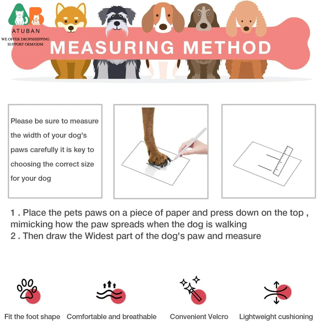 Instructional graphic showing how to measure a dog's paw for breathable, non-slip boots with rugged rubber soles.