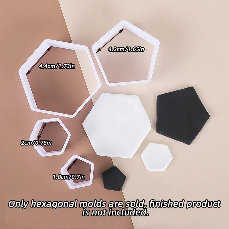 Set of white plastic hexagonal and pentagonal craft molds in various sizes with annotated dimensions.