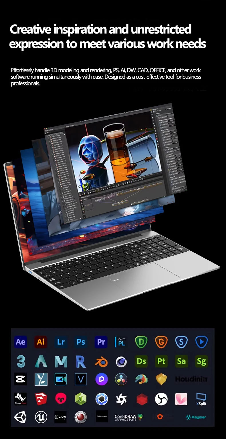Sleek silver 15.6-inch laptop with a black keyboard, displaying multi-layered creative design software on its screen.