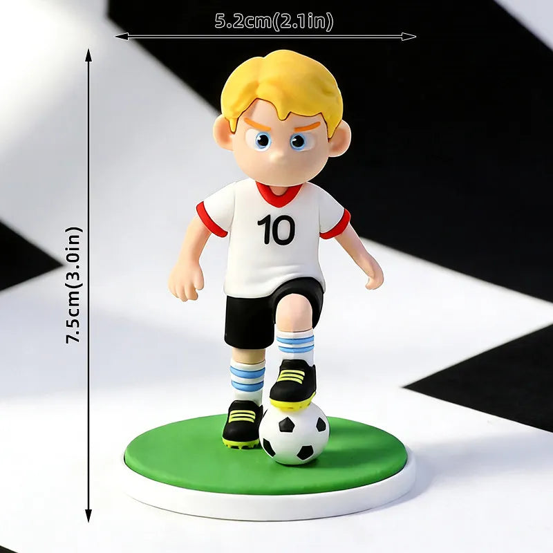 Blonde football player figurine in a white number 10 kit, standing on a green base with a black and white soccer ball.