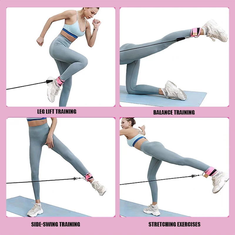 Four-panel collage showing a woman using pink ankle straps with resistance bands for leg and balance exercises.