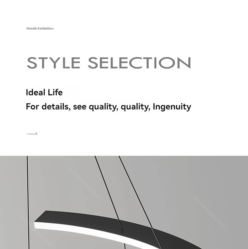 Modern black curved LED pendant ceiling lamp with a sleek minimalist design, ideal for contemporary living spaces.