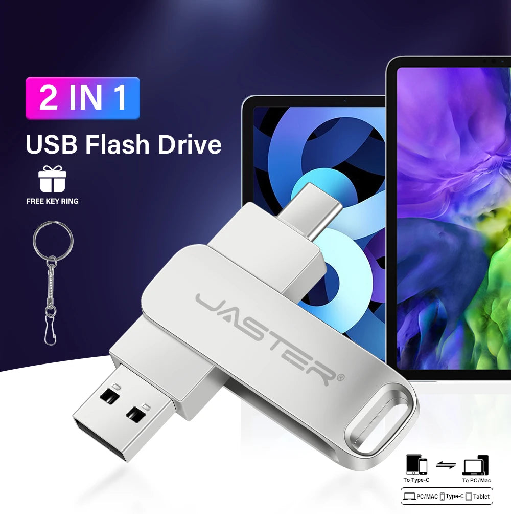 Silver 2-in-1 metal USB-C and USB 2.0 flash drive with a keyring attachment, shown with tablets and PC icons.