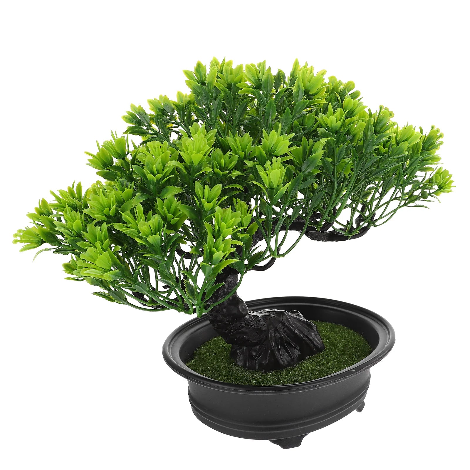 Artificial bonsai tree with vibrant green plastic leaves, a dark textured trunk, and faux grass in a black oval pot.