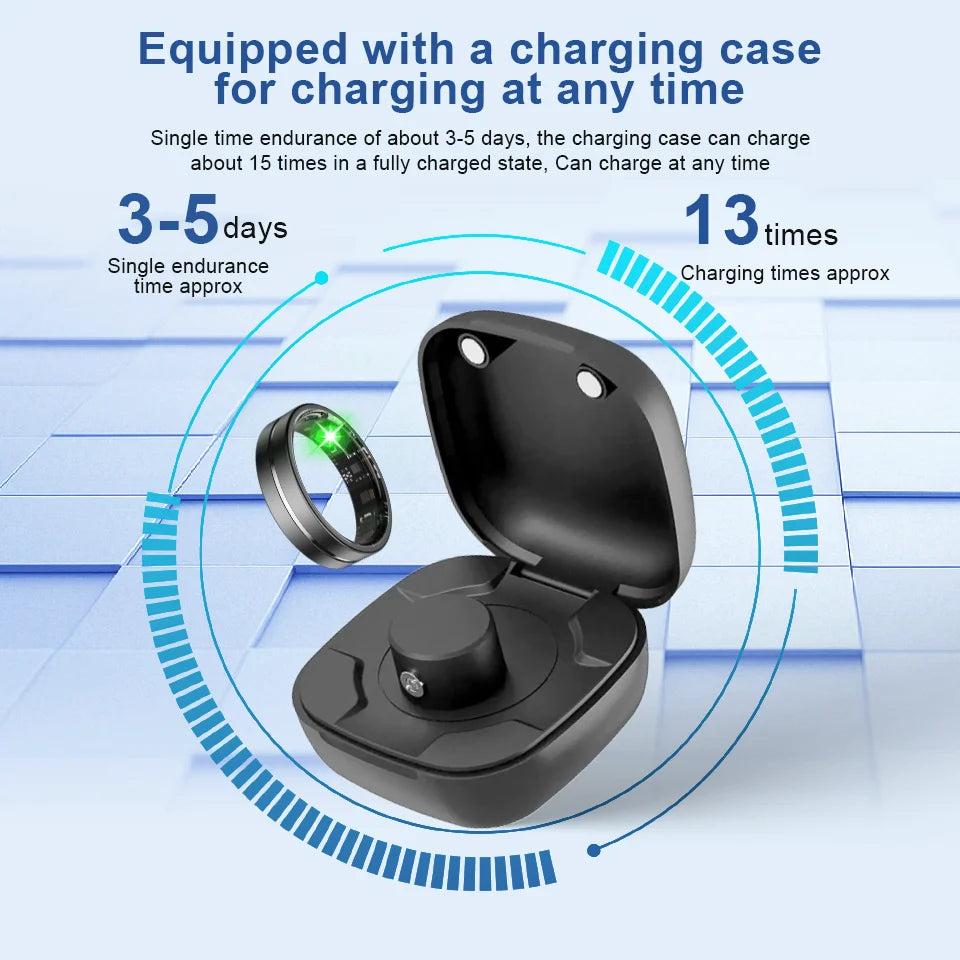 Sleek black smart health ring with a green sensor light, shown floating next to its matching portable charging case.
