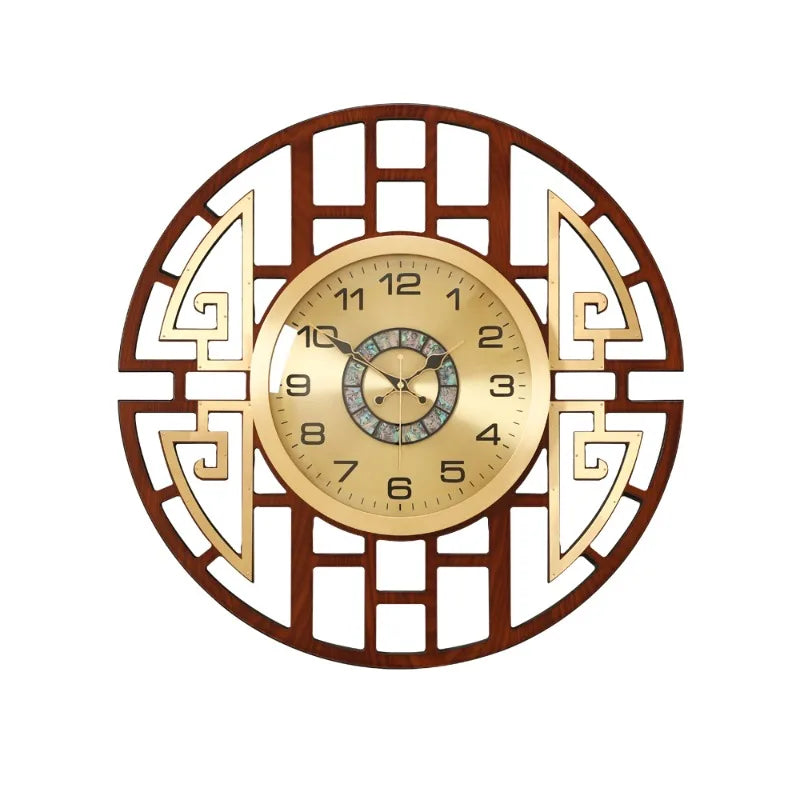 Round wall clock with a gold face, dark wood-style lattice frame, and black numerals. Elegant modern design.