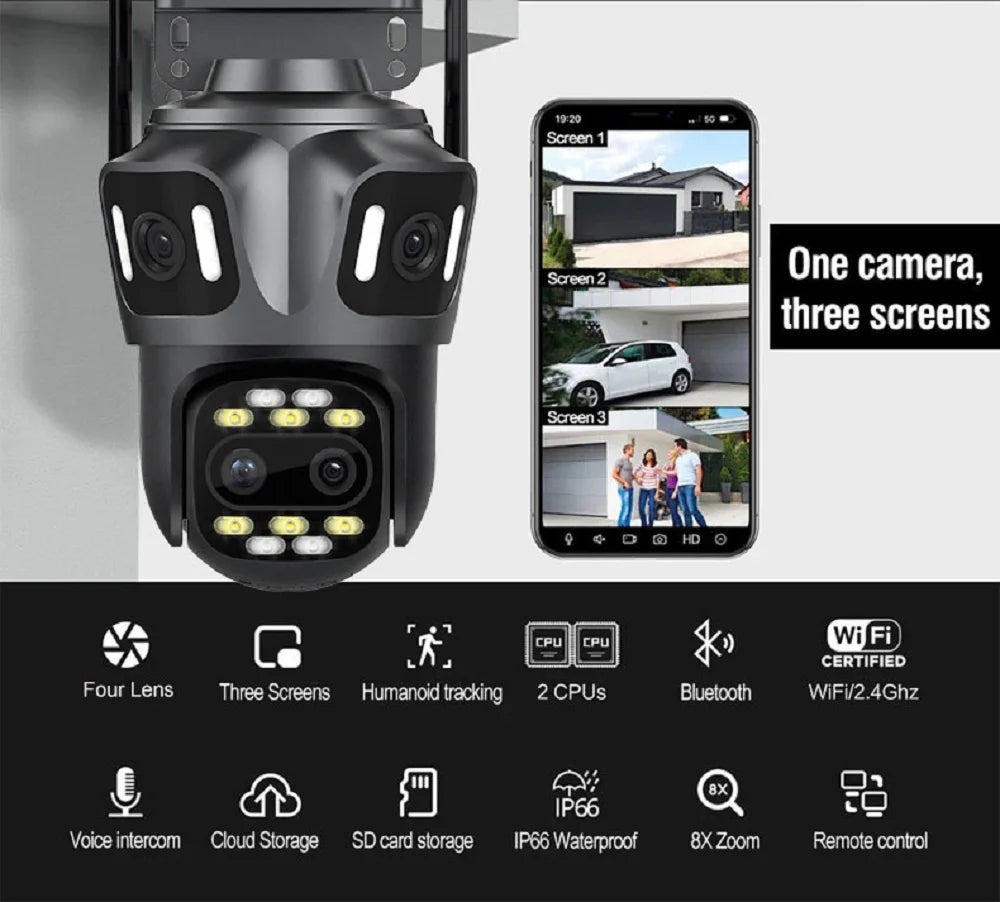 Dark grey, quad-lens outdoor security camera showing live multi-screen views, humanoid tracking, and IP66 waterproofing.