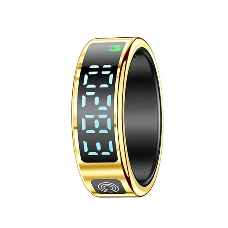 Gold-tone smart health tracking ring with a black digital display showing light-blue numbers and a touch sensor.