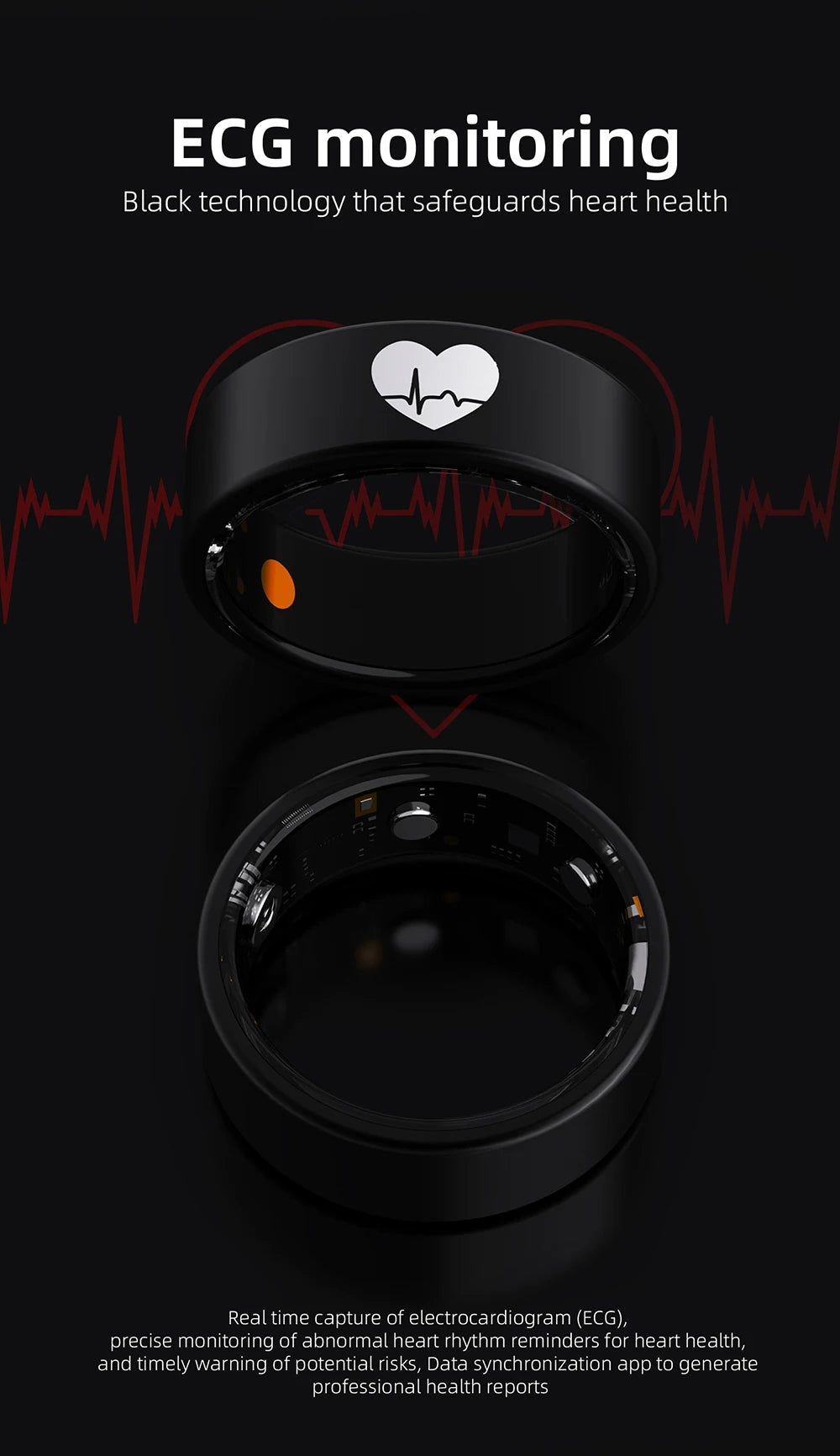 Sleek matte black smart health ring with a heart icon, showing interior sensors for heart rate and ECG monitoring.